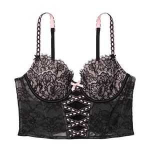 Victoria's Secret Bustier Corset Bra Top Black Lace Pink Lingerie Medium DD Cup